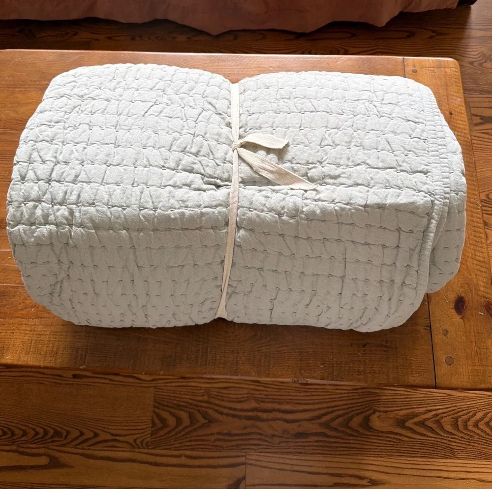 Quince European Linen Cotton Stitch Quilt Set King Cal King Mist Bedding 3pc NEW